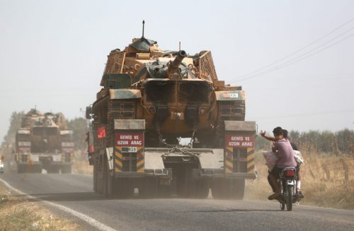 epa07927277 Turkish military truck carries tanks from Northern Syria for a military operation in Kurdish areas in Akcakale district in Sanliurfa, Turkey, 17 October 2019. Turkey has launched an offensive targeting Kurdish forces in north-eastern Syria, days after the US withdrew troops from the area.  EPA-EFE/ERDEM SAHIN