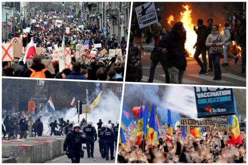 Брисел: Десетине хиљада људи на протесту против ковид пасоша и мера ограничења, полиција употребила водене топове и сузавац, демонстранти запалили заставу ЕУ и разбили стакла на седишту Европске службе за спољне послове