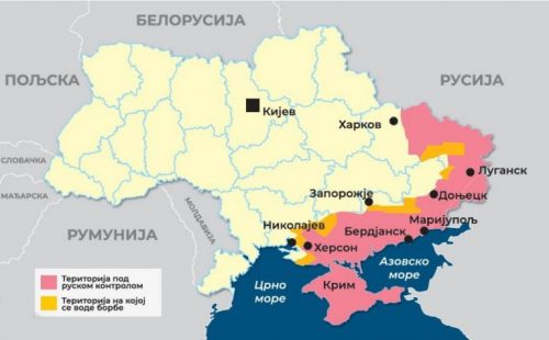 Мапа Украјине са запоседнутим територијама од стране Русије до 15. маја
