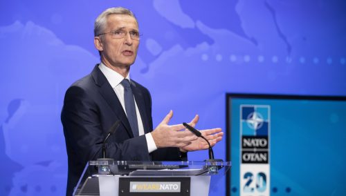 NATO Secretary General Jens Stoltenberg at the press conference following the meetings of the NATO Foreign Ministers via tele-conference