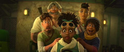 This image released by Disney shows, clockwise from foreground center Meridian Clade, voiced by Gabrielle Union Searcher Clade, voiced by Jake Gyllenhaal, Jaeger Clade, voiced by Dennis Quaid, Callisto Mal, voiced by Lucy Liu, Ethan Clade, voiced by Jaboukie Young-White in a scene from the animated film "Strange World." (Disney via AP)