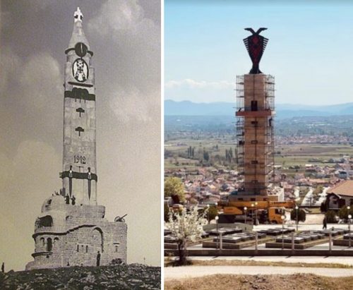 Споменик у Куманову некад и сада. Некада је тамо био огроман споменик српским јунацима Кумановске битке, а данас споменик припадницима ОВК.